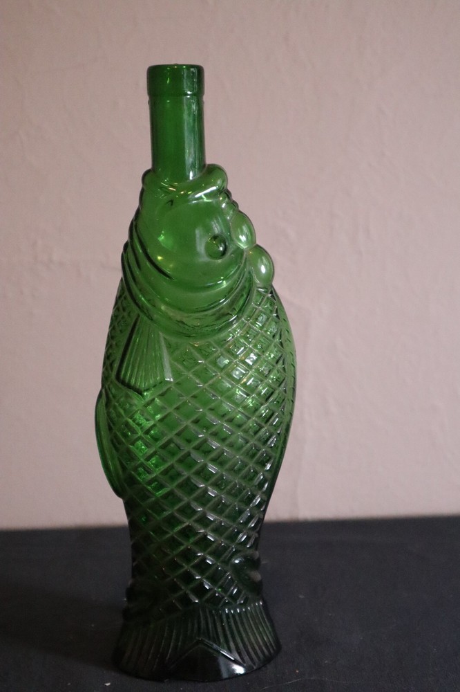 Vintage Fish Shaped Bottle 13" Dark Green - Chip