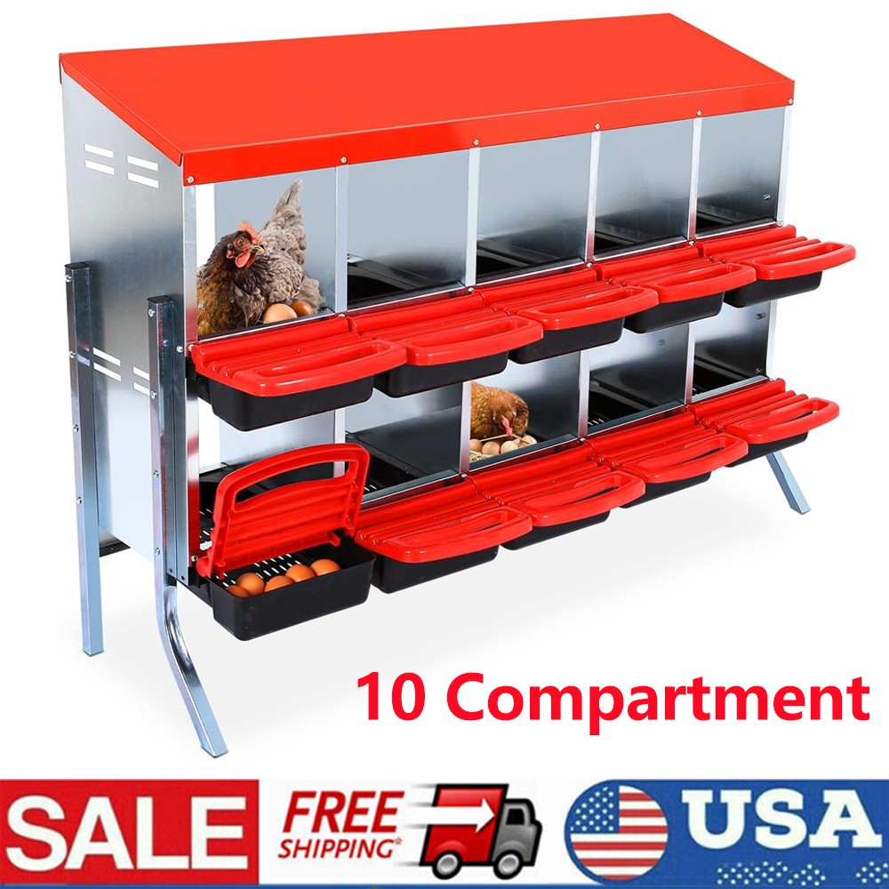 10 Compartment 2-Tier Chicken Nesting Boxes Coop Chicken Egg Laying Box Red