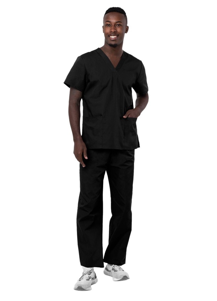 Adar Medical Black Practical Multi Pocket Scrub Set with Drawstring Size XL -701