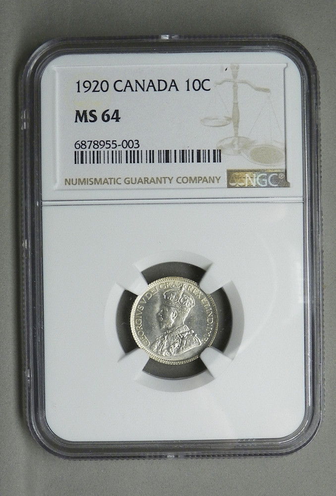 CANADA 1920 10 CENTS, NGC MS 64