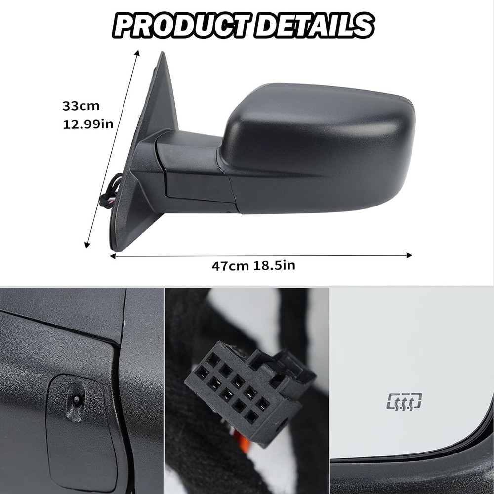 Left/Driver Manual Fold + Heated + Temp Sensor Mirror For 2013-19 Dodge Ram 1500