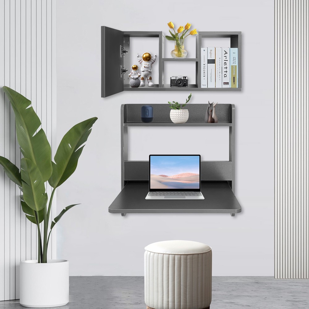 Folding Space Saving Wall Mounted Table Fold Down Laptop Desk Grey Writing Table