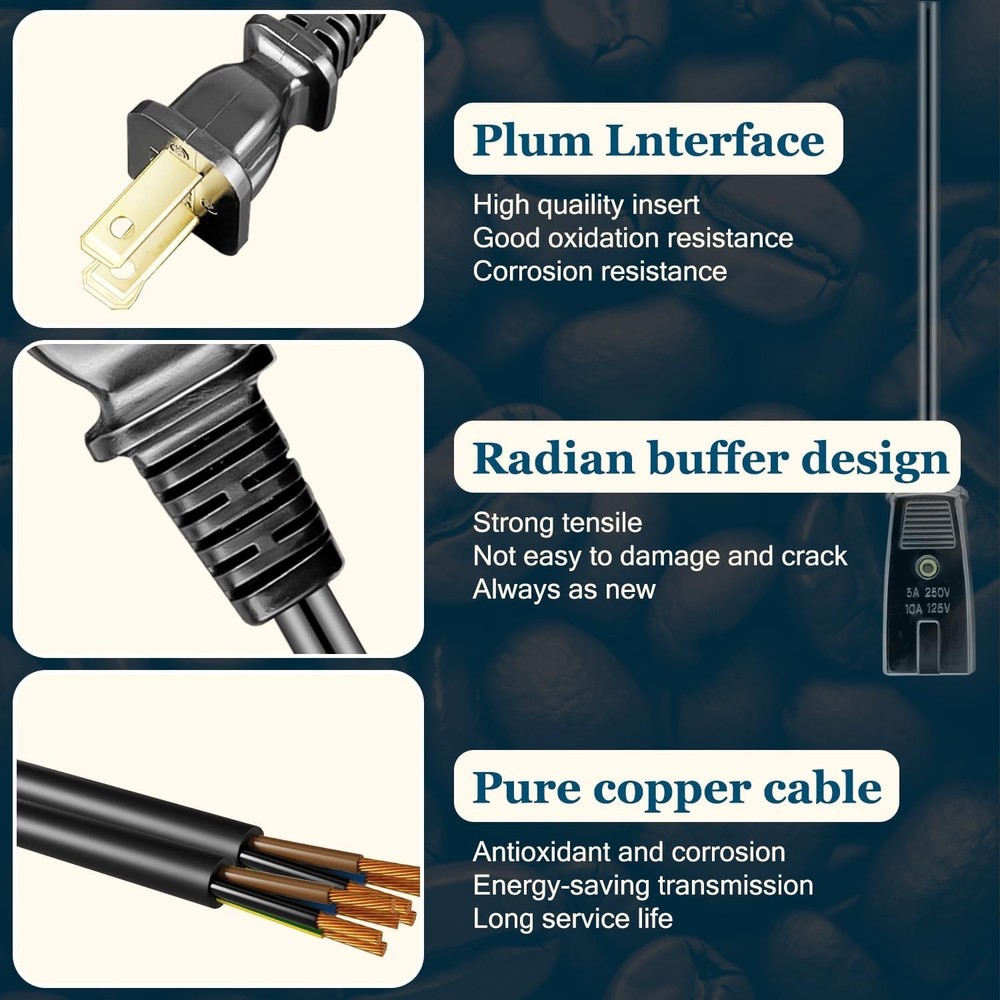 Durable 6ft Replacement Power Cord for West Bend & Farberware Appliances 1/2"
