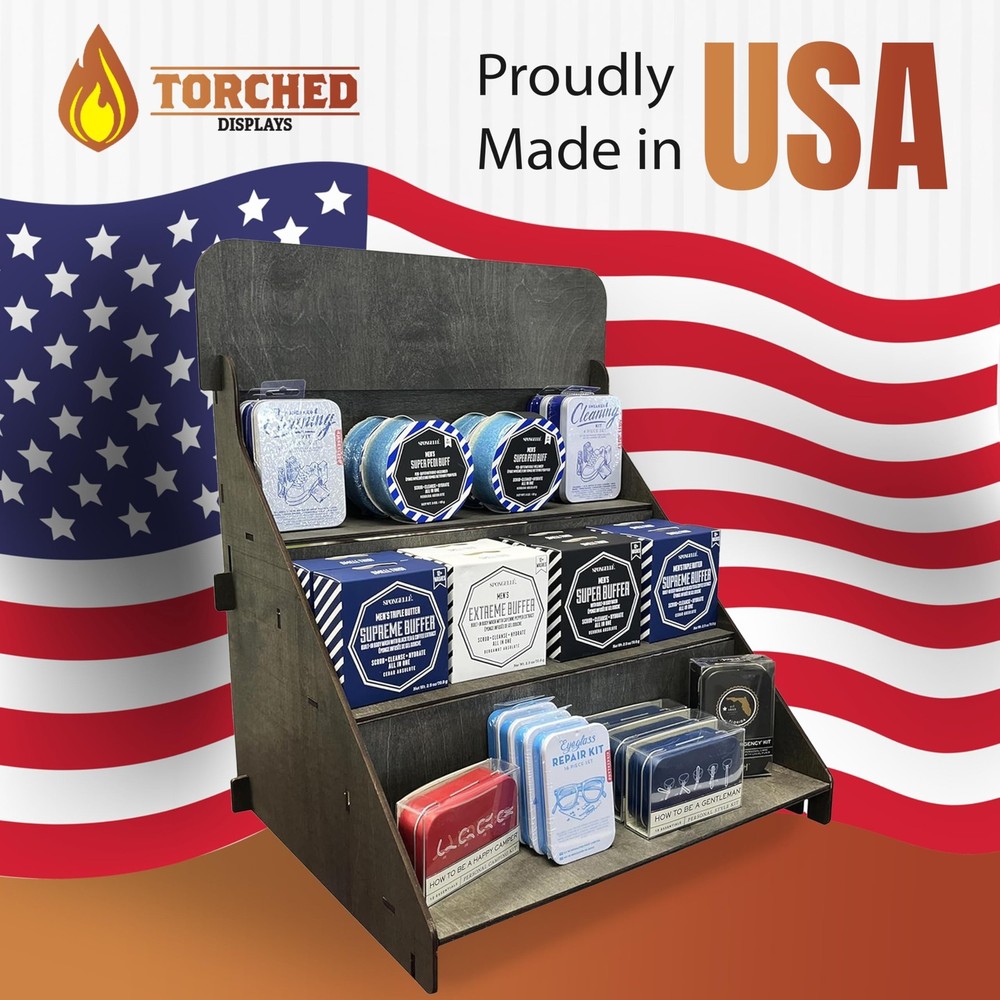 Torched Wooden Portable Retail Table Display Stand Countertop 3 Step Riser Cr...