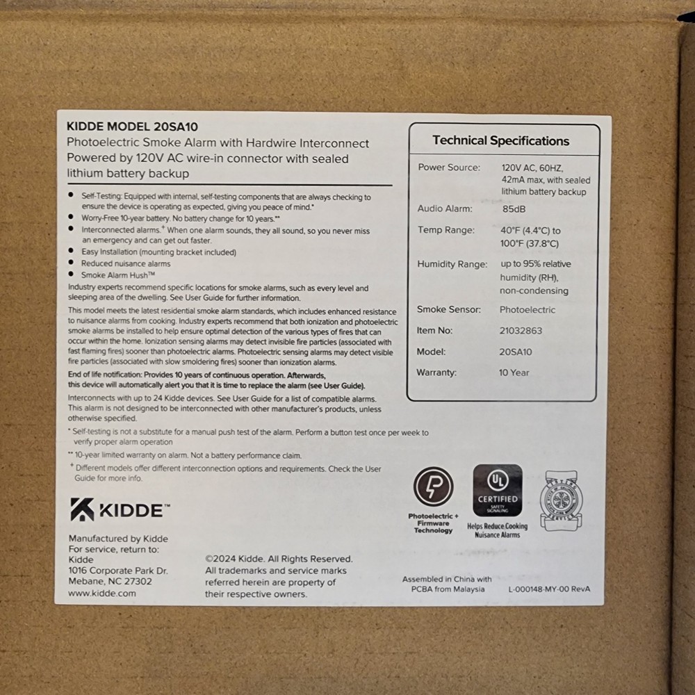 KIDDE 20SA10 Hardwired Smoke Detector