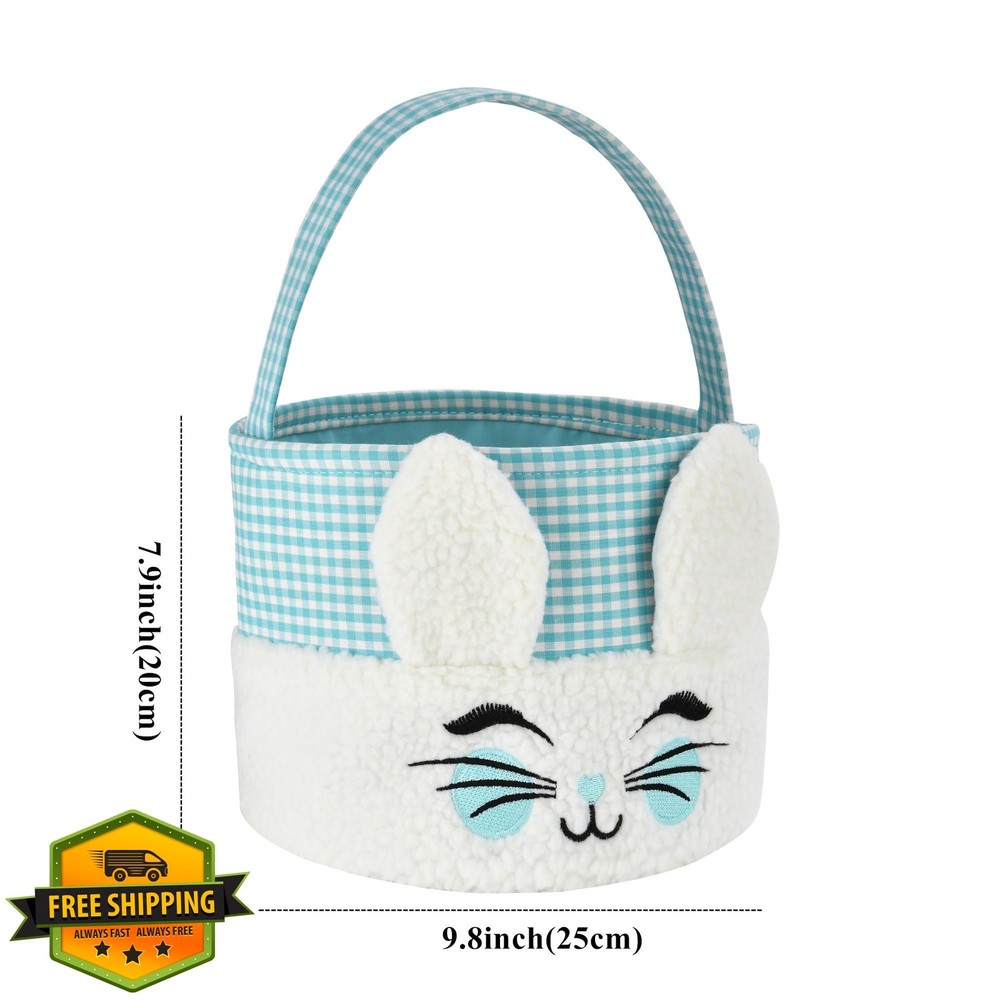 Blue Plush Easter Bunny Basket with Handle for Egg Hunts Candy