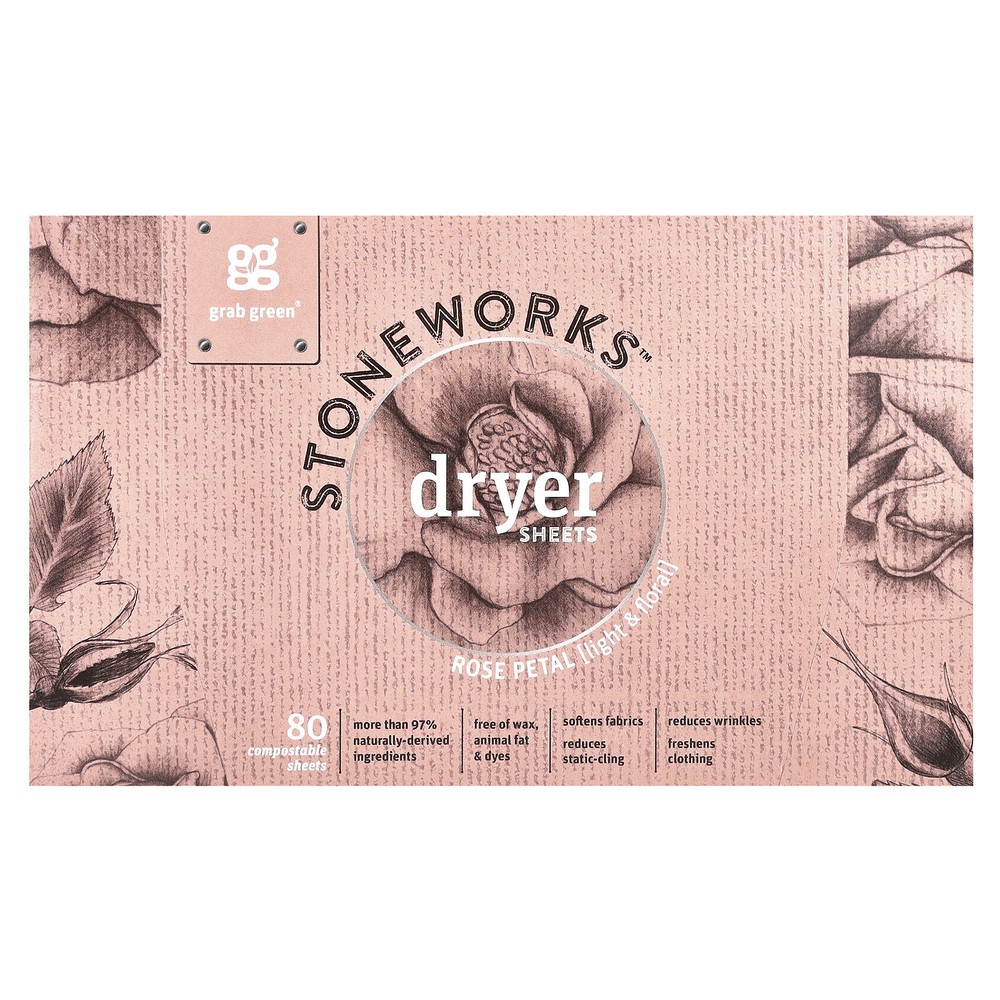 Stoneworks, Dryer Sheets, Rose Petal, 80 Compostable Sheets