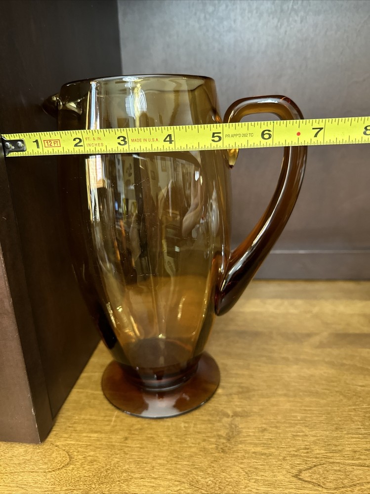 Glass Handled Pitcher Amber Honey Optic Panel 9.5”