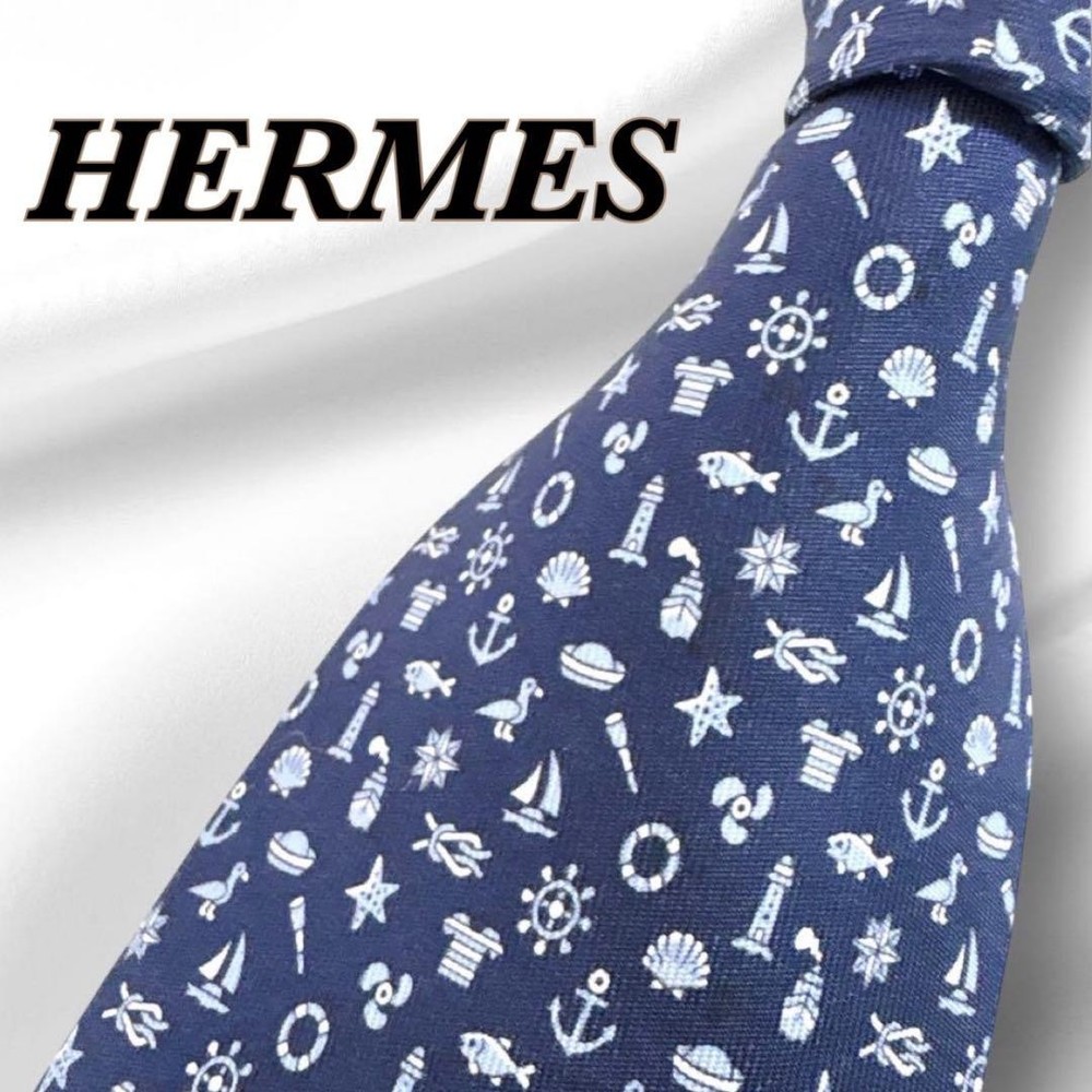 HERMES Tie Full Marine Monogram Pattern Navy Blue