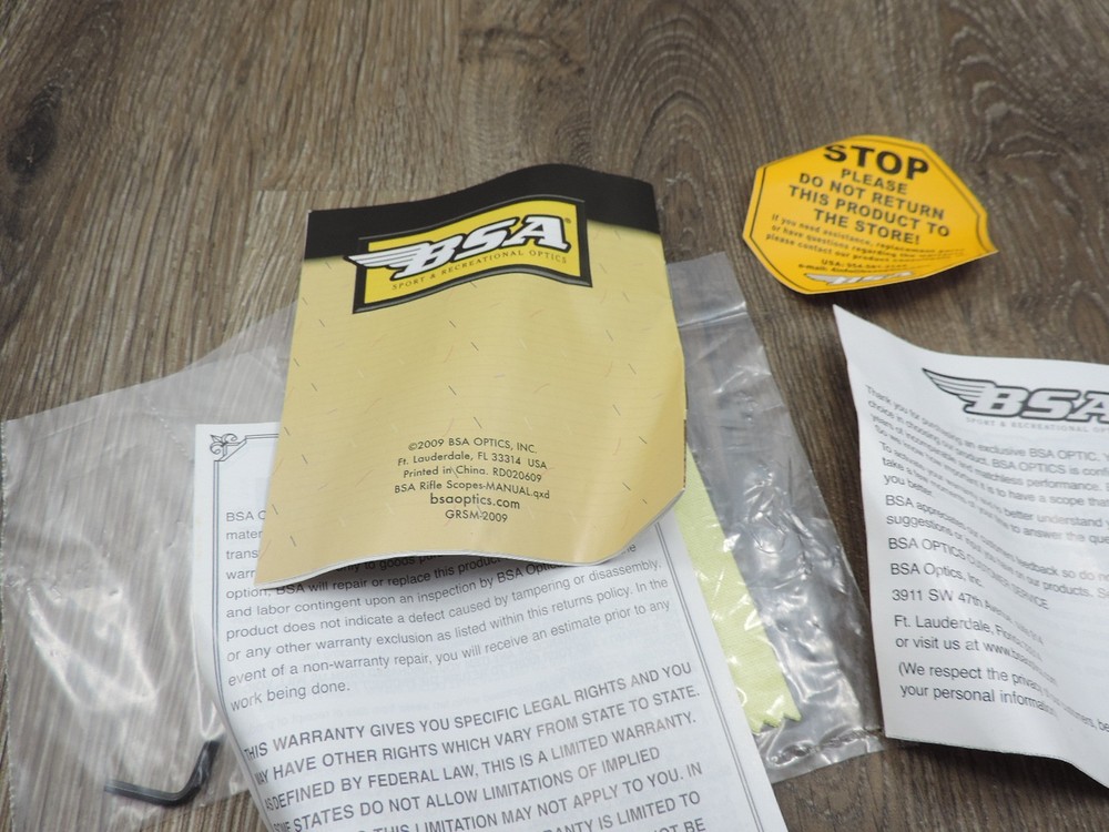BSA Rifle Scope Instruction Manual Packet