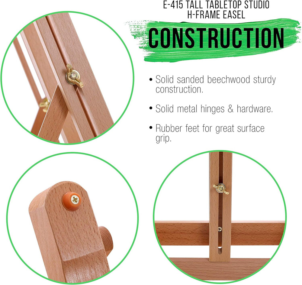 Medium Tabletop Wooden H-Frame Studio Easel - Artists Adjustable Beechwood Paint
