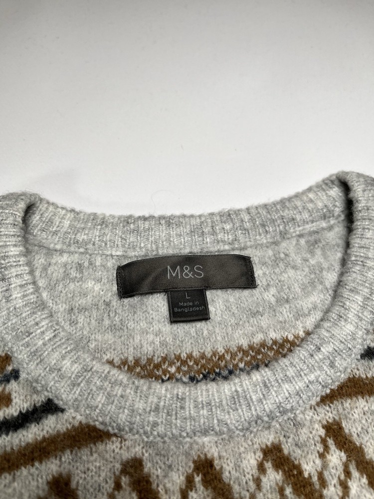 M&S Grey Extra Soft Jumper Mustard & Navy Pattern Sweater Men’s L [76]