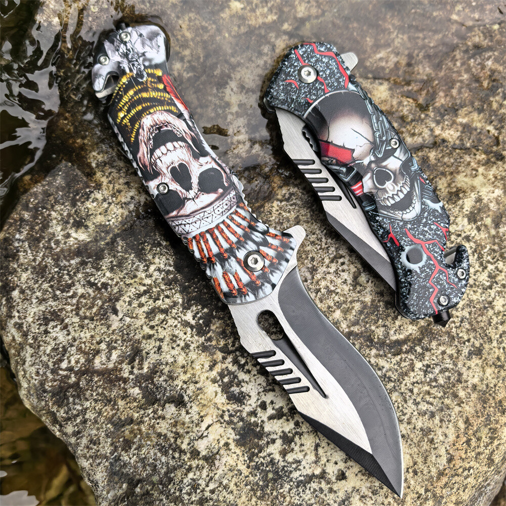 2 Units Skull Spring Asistant Folding Pocket Knife Blade for Outside Camping