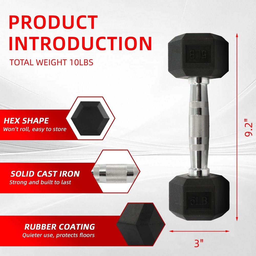 Rubber Encased Hex Dumbbells, 5 lbs Pair, Black