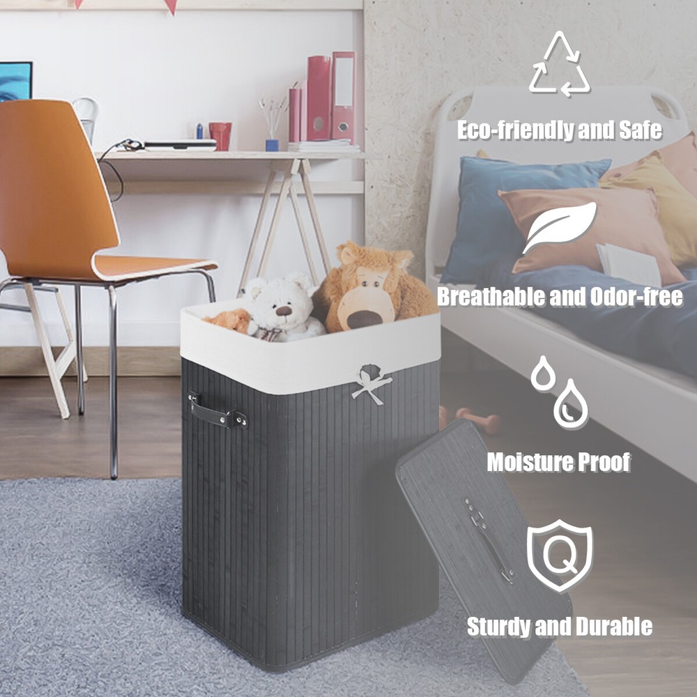 Costway Rectangle Bamboo Hamper Laundry Basket Washing Cloth Bin Lid Black