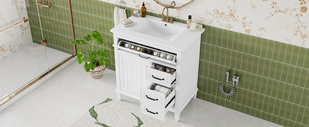 30" White Bathroom Vanity with Ceramic Sink and Solid Wood Cabinet