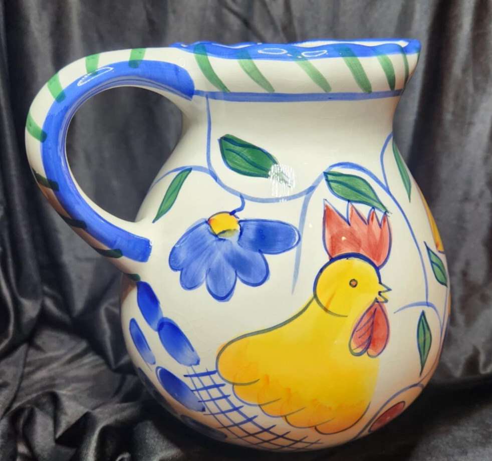 Rooster & Fruit Ceramic Pitcher 2 Quart 7.75" Tall and coffee mug