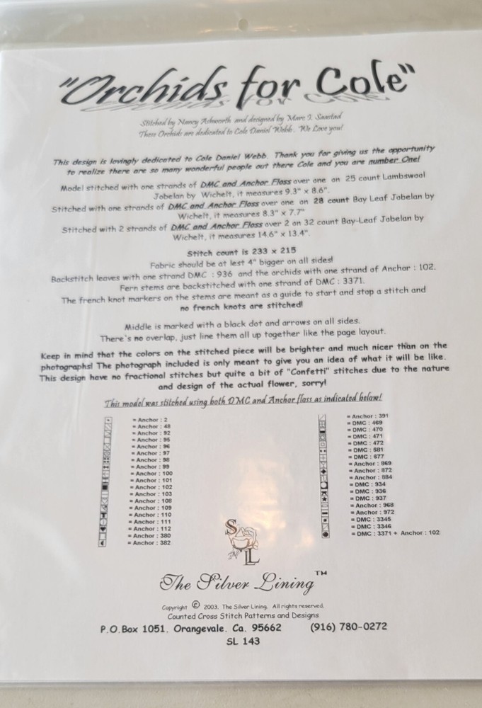 Orchids for Cole by Silver Lining Cross Stitch Pattern
