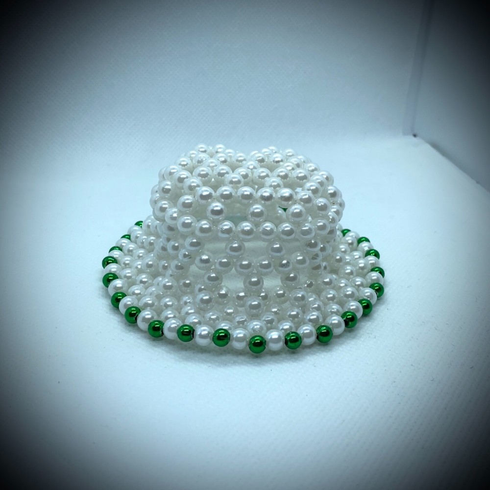 Custom Handmade Hand Made Crafted Beaded Hat Cap White w/ Green