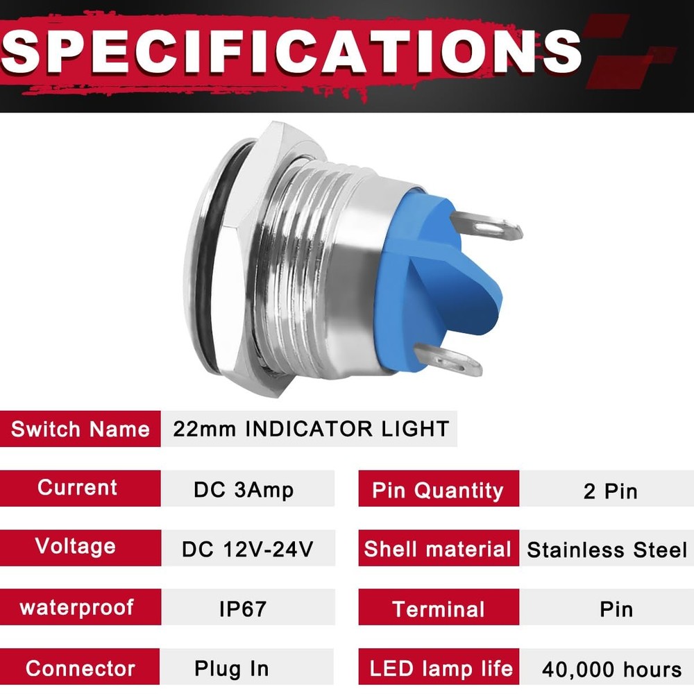 3PCS Indicator Light 22mm 7/8" DC 12V-24V 3A Waterproof IP67 LED Pilot Dash