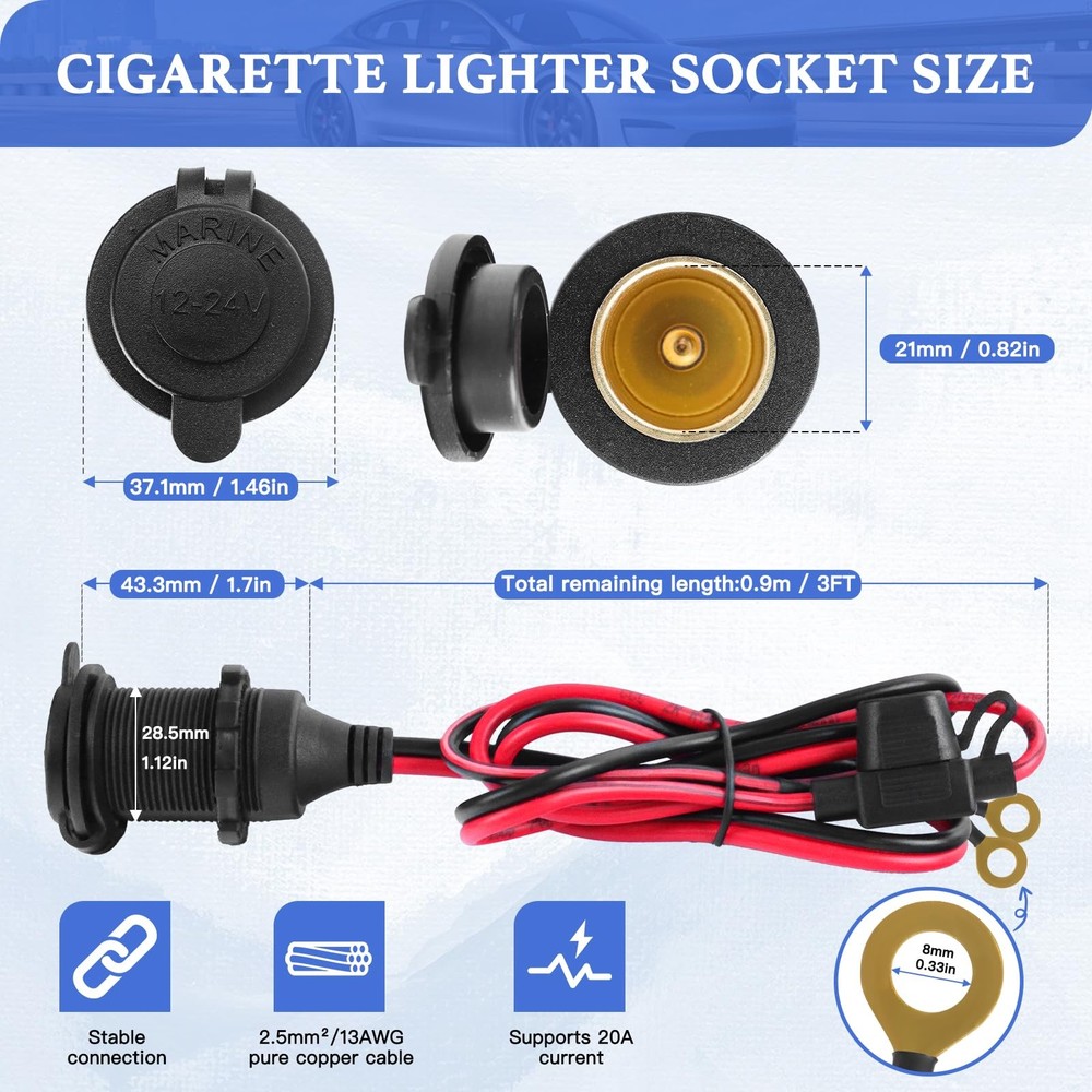 Cigarette Lighter Socket 3FT, 12V 13AWG&(3FT/0.9m)