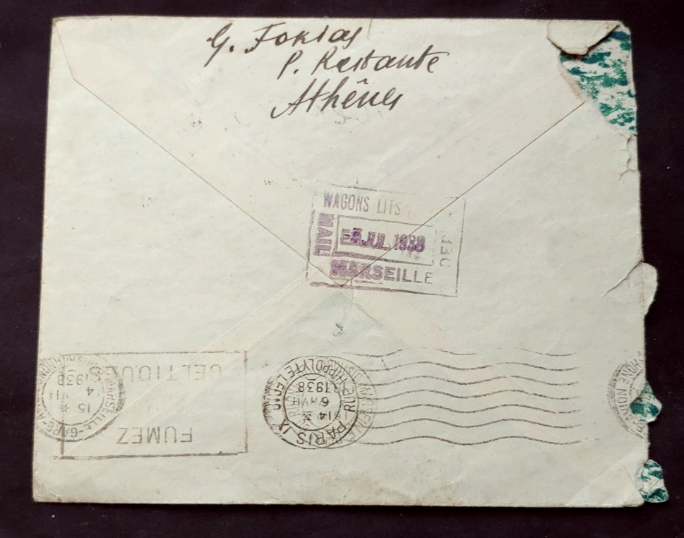 1938 GREECE HELLAS COVER RELOCATED TO PARIS (K12)