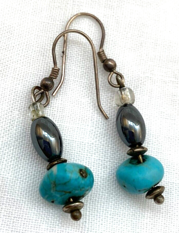 Hand Crafted Turquoise Hematite Beaded Drop Earrings 1.5"