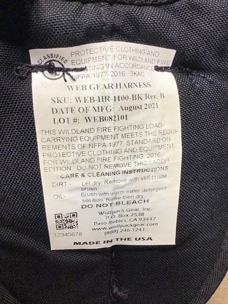 Wolfpack Gear Wildland Firefighter Web Gear Harness WEB-HR-1100-BK EUC