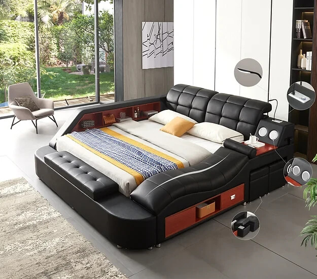 Multifunction Storage bed with bluetooth speaker, massage lounge Italian leather
