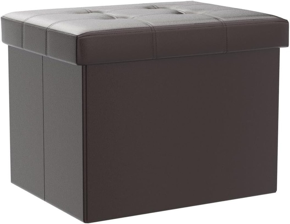 Storage Ottoman Folding Foot Stool W/ Thicker Foam Padded Seat Small Leather 2PC