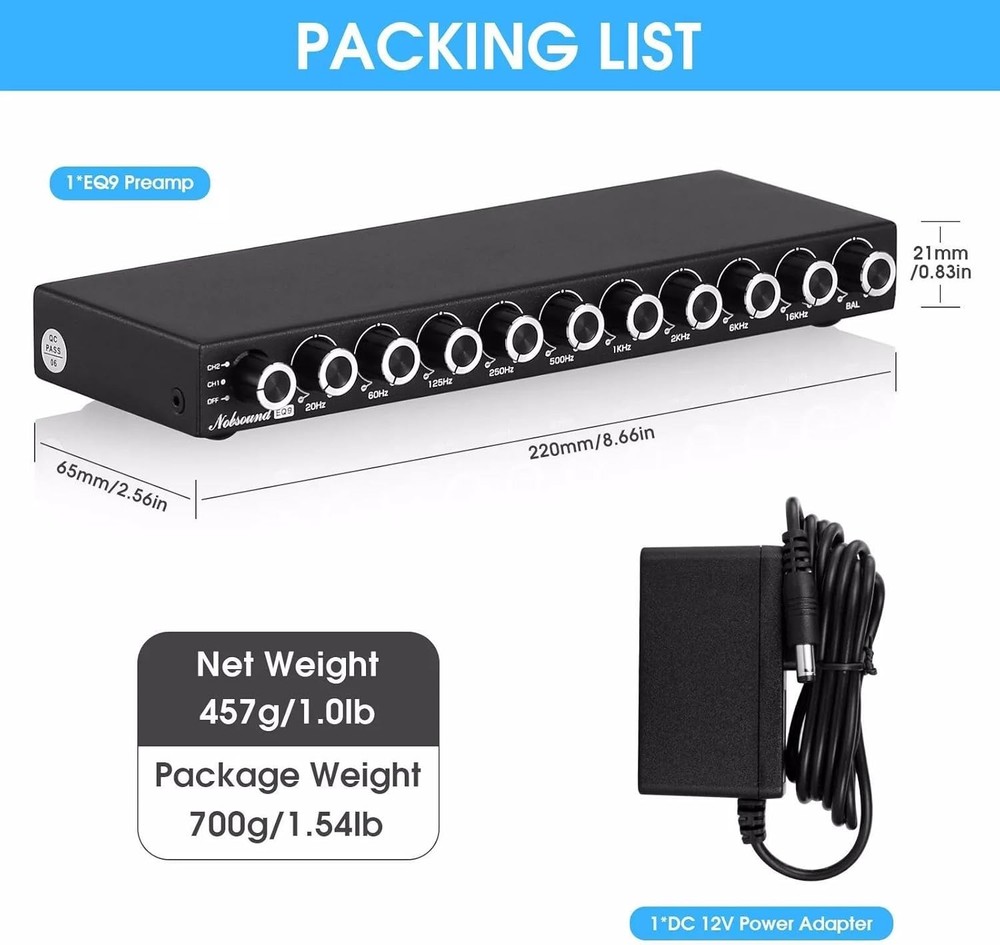Nobsound HiFi 9-Band Stereo EQ Preamp Analog Equalizer Audio Processor for Home/