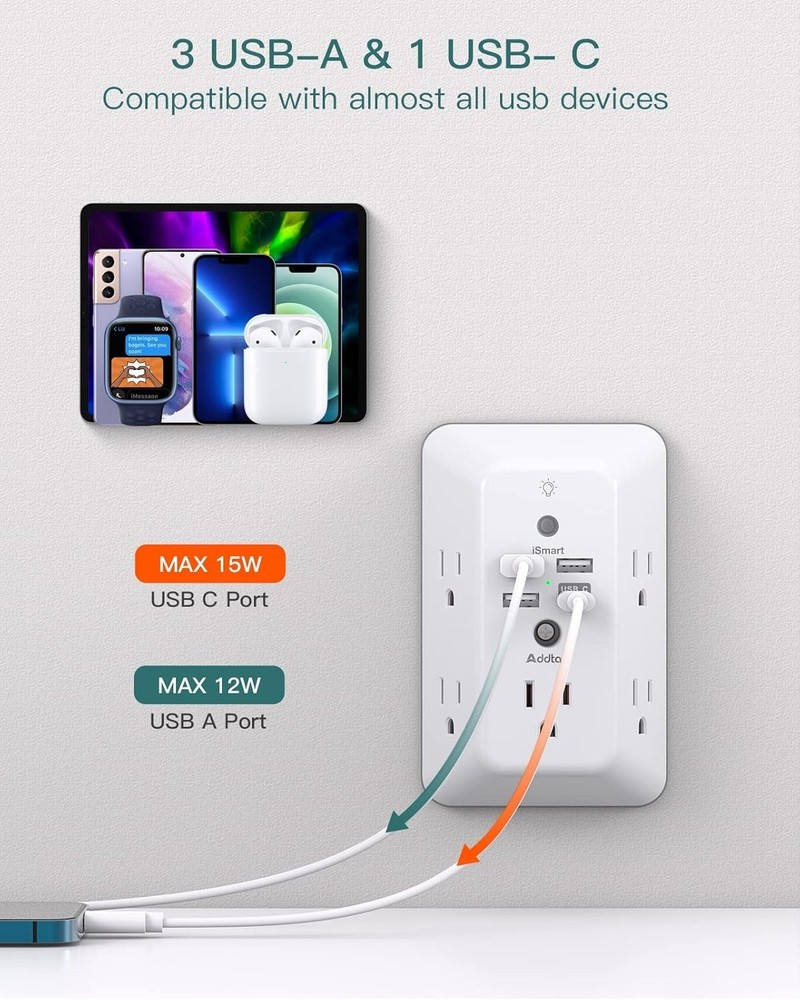 Surge Protector, Outlet Extender with Night Light, 5-Outlet Splitter and 4 USB
