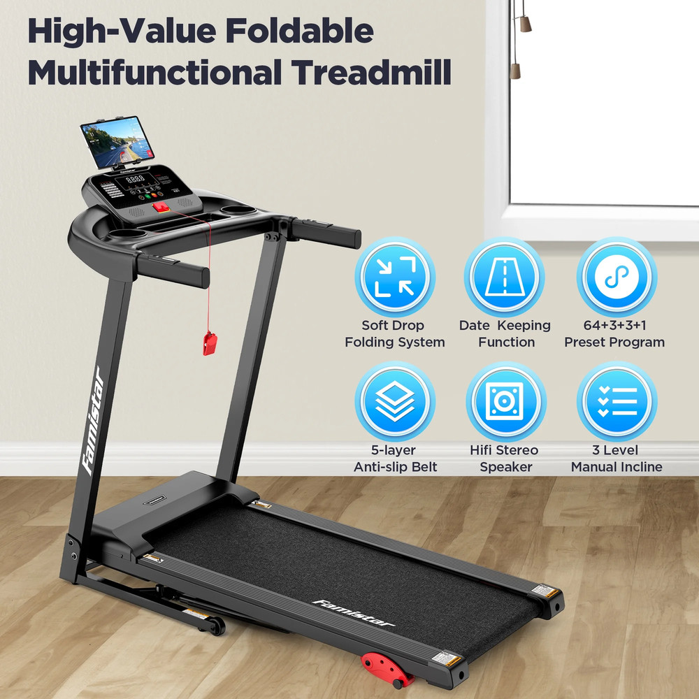 Compact Electric Folding Treadmill with Adjustable Incline and Bluetooth Connect