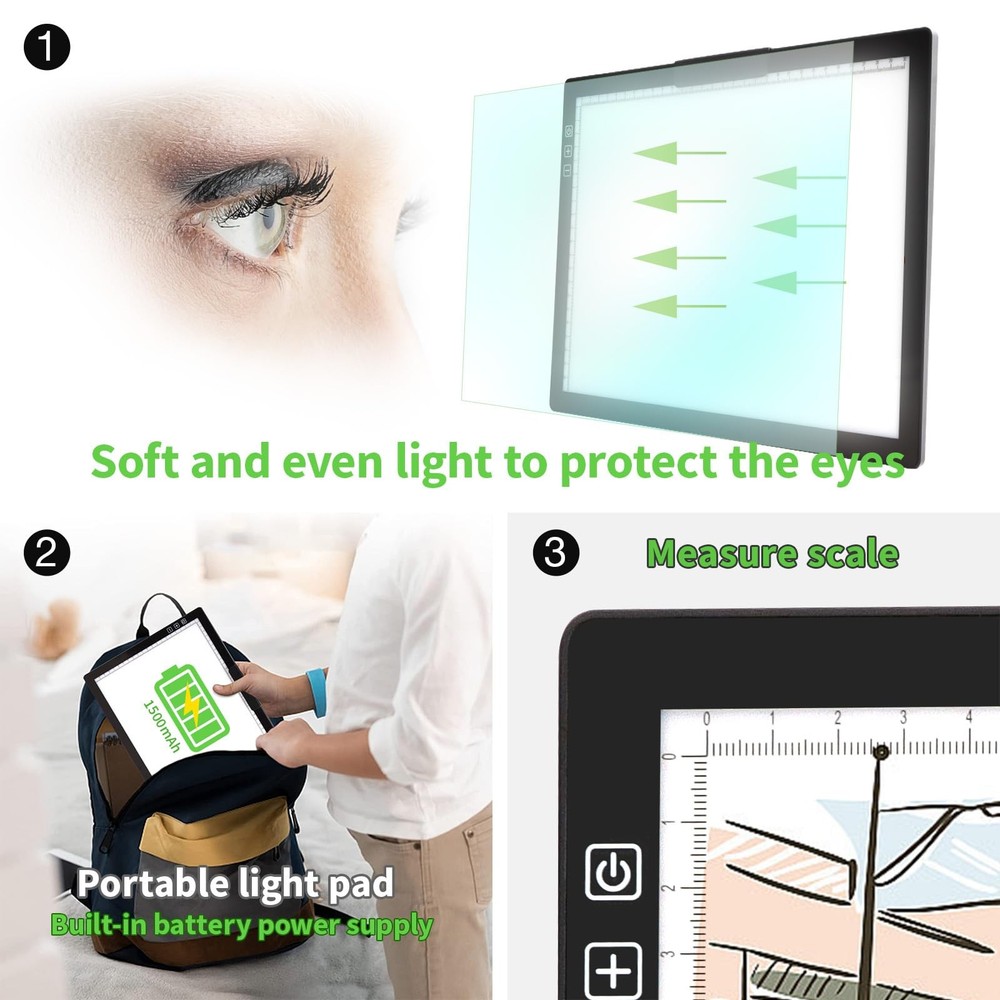 Rechargeable A4 Light Pad - Stepless Dimmable 6 Levels Brightness Black