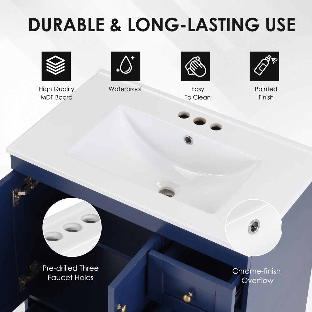 30" Blue Bathroom Vanity w/Ceramic Sink,Soft Close Drawers, Solid Wood Frame