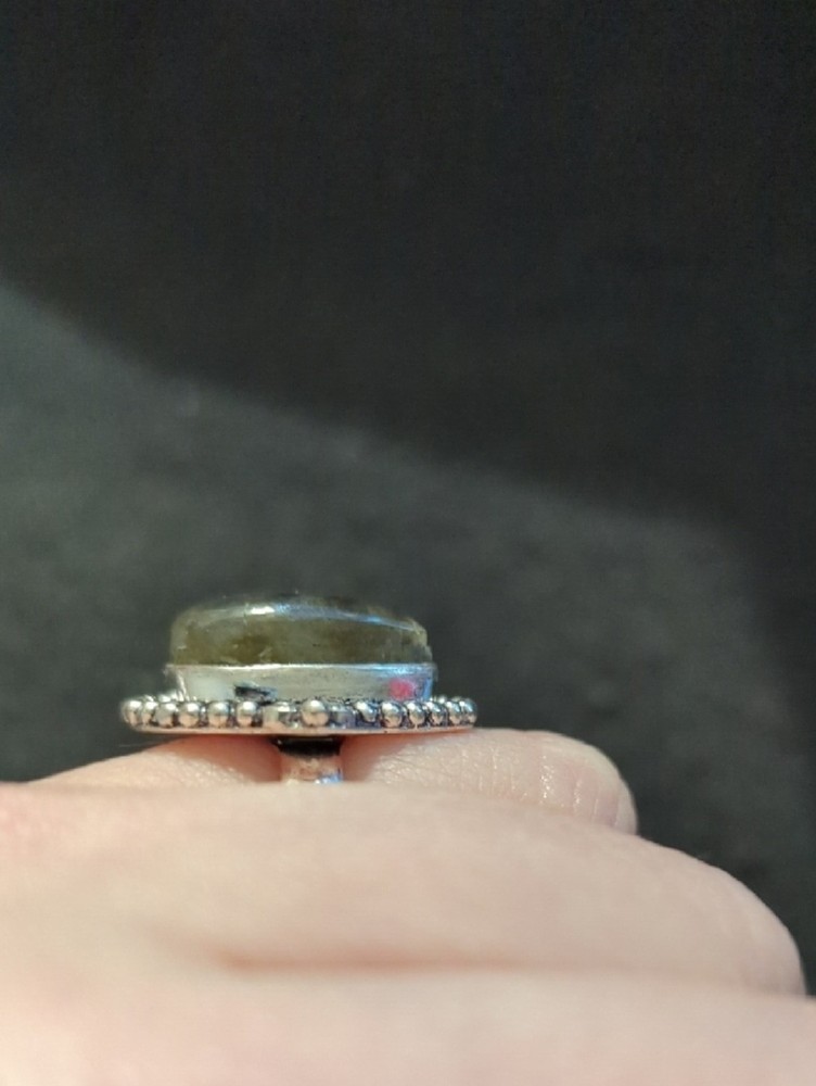 Silver Plated Grey Labradorite Gemstone Teardrop Statement Ring - size 7