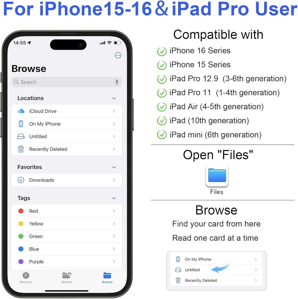 SD Card Reader for iPhone, Memory Card Reader with USB-C to Light-ning Adapter P