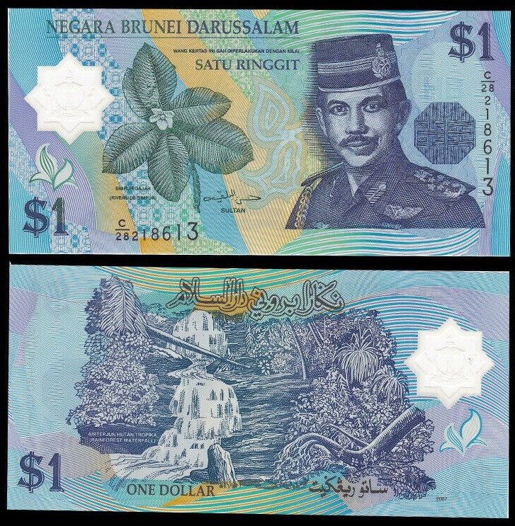 BRUNEI 1 RINGGIT 2007 UNC RAIN FOREST WATERFALL AT LEFT CENTER,ARMS AT UPPER LEF