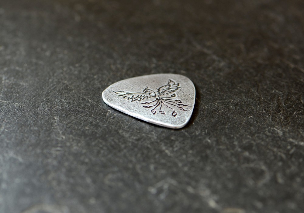 Sterling silver guitar pick with Phoenix - playable - NicisPicks