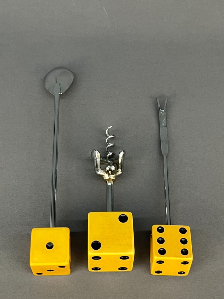 3 pc Mid-Century Bakelite Dice Bar Utensils Corkscrew Spoon & Olive Fork