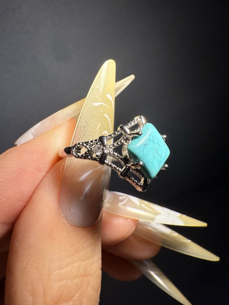 Natural Hubei Turquoise Square Ring / Silver- plated/adjustable