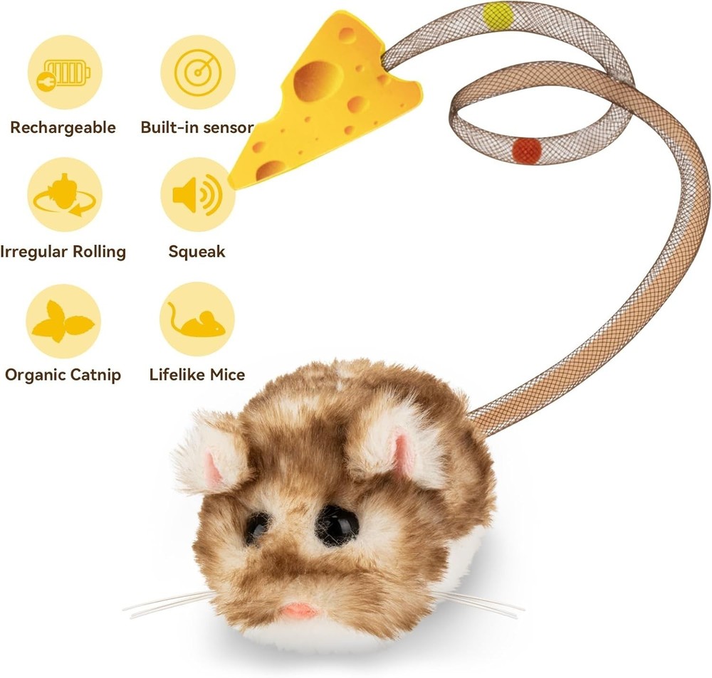 Indoor Cat Play Mouse – 360° Spin, Squeaker, Replaceable Catnip