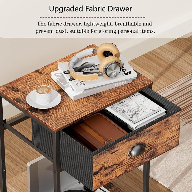 Sturdy Nightstand W/ Fabric Drawer Open Shelves Multi-function Side Table Brown