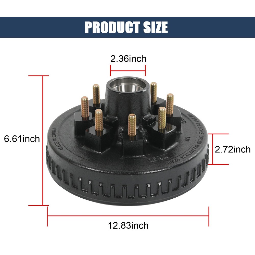 HD 12" X 2" Trailer Brake Drum Kit 8 on 6.5" for 7K-8K Lbs Axle with 9/16" Studs