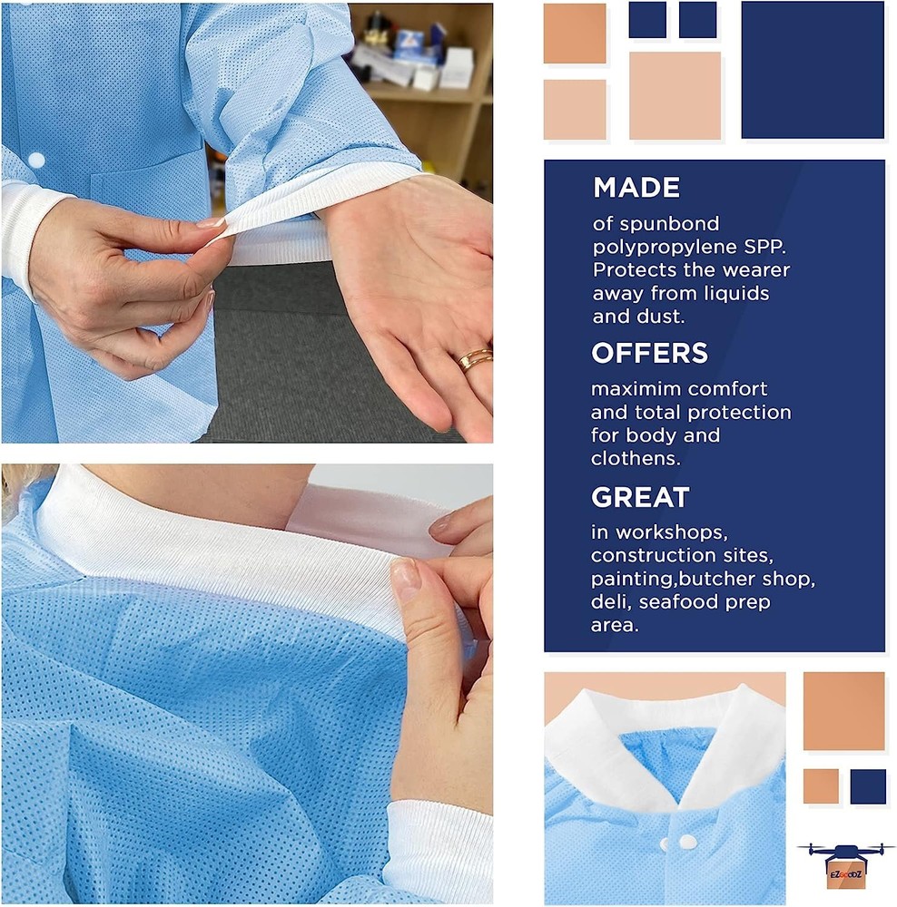 Disposable Lab Jackets 29" Long 100/PK Blue Hip-Length Work Gowns Small