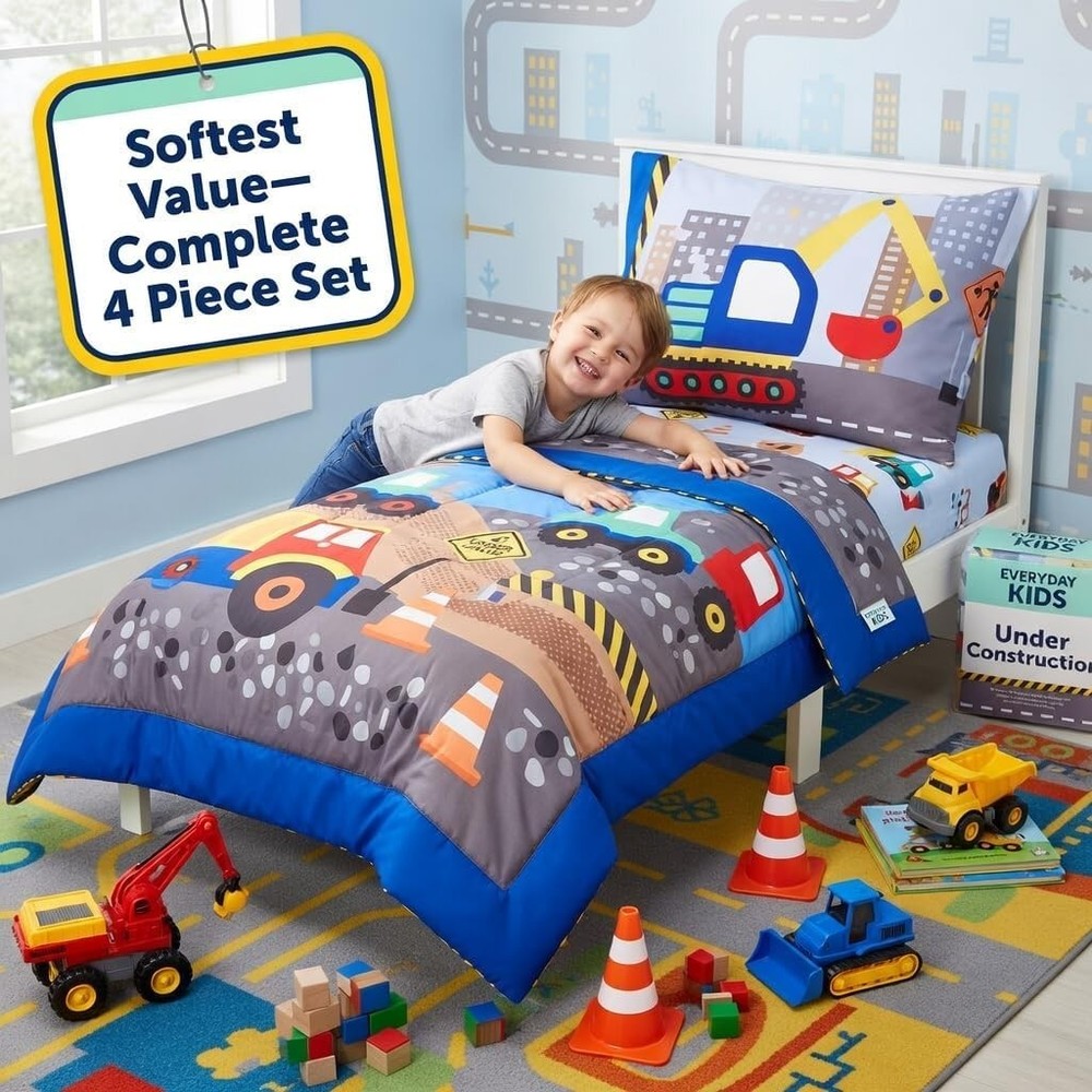 4 Piece Under Construction Toddler Bedding Set - Comforter, Sheets & Pillowcase