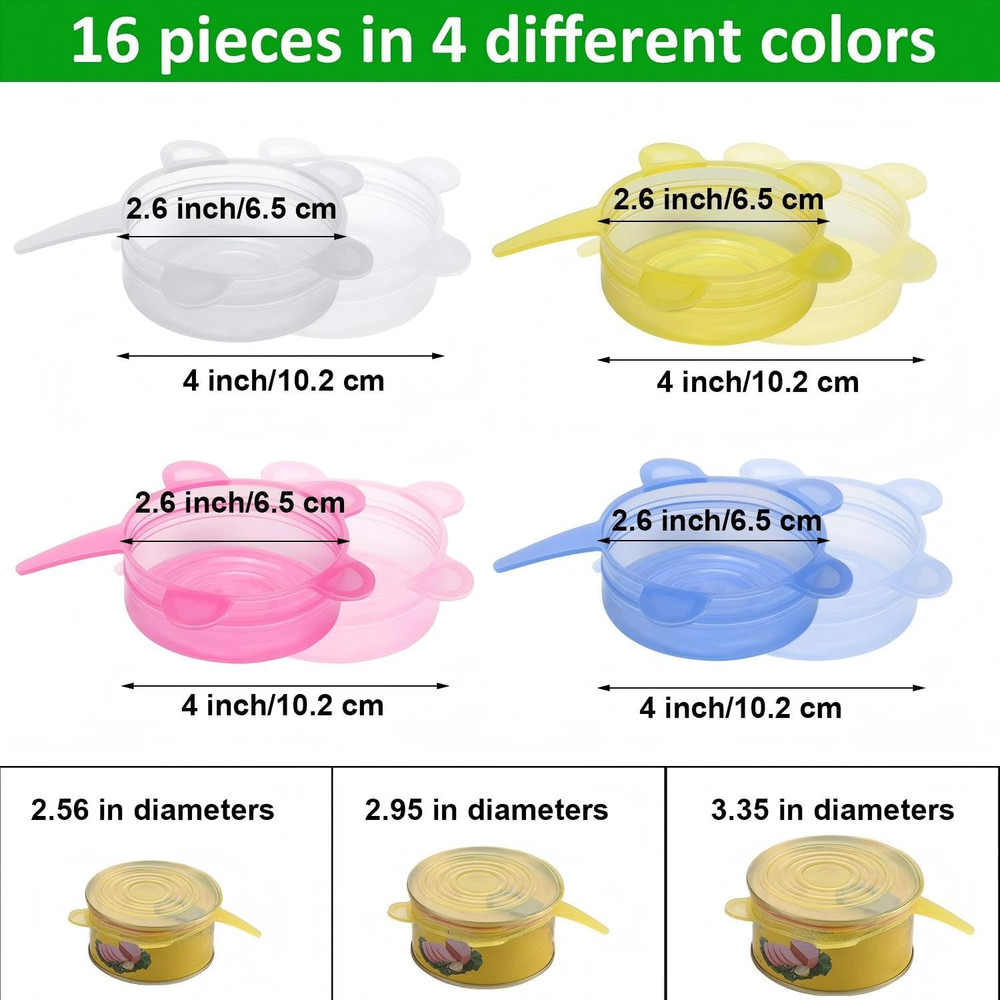16 Pack Silicone Stretch Lids, Reusable Food Storage Covers, Multicolor