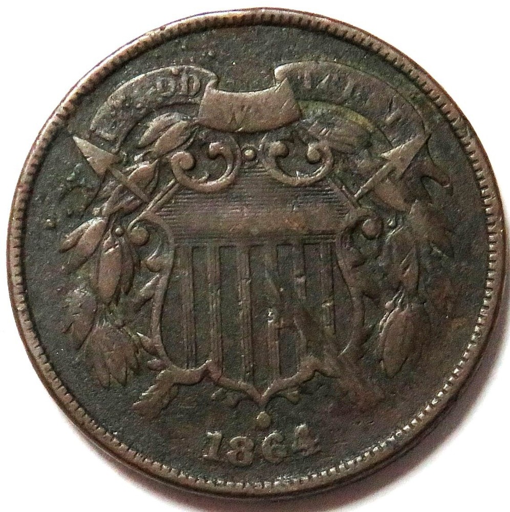 1864 ERROR INVERTED REVERSE 358° ROTATED USA 2 CENT VG COIN