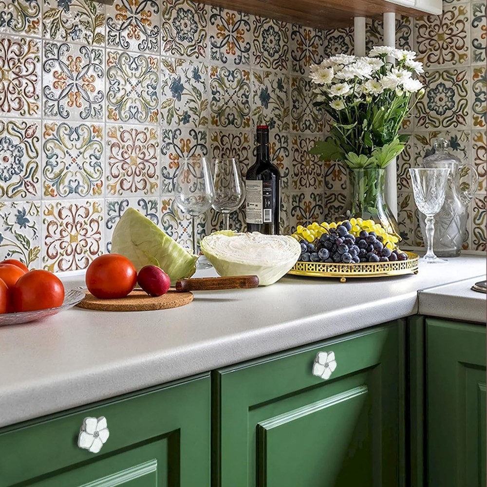 4pcs White Flower Petal Handles Kitchen Cabinet Drawer Knobs & Pulls (Silver,...