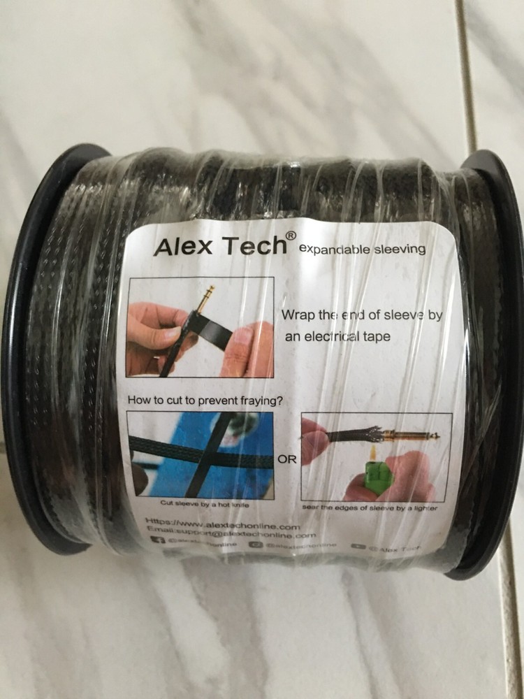 Alex Tech 100ft Expandable Sleeving for cable management, Black, New